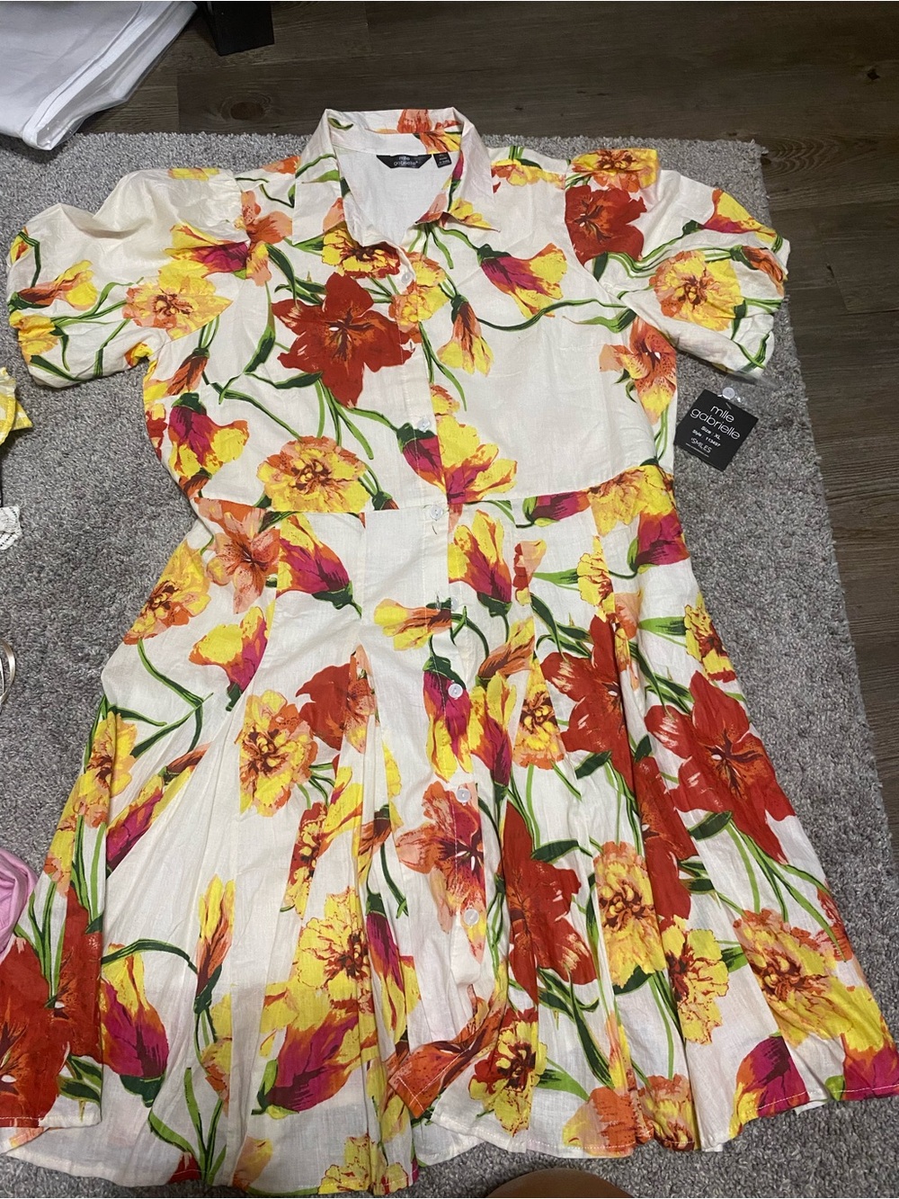 Mlle Gabrielle White Midi Dress with Red & Yellow Floral Print